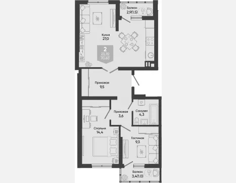 3-комн. квартира, 68.10 м², 2/24 этаж фото 0