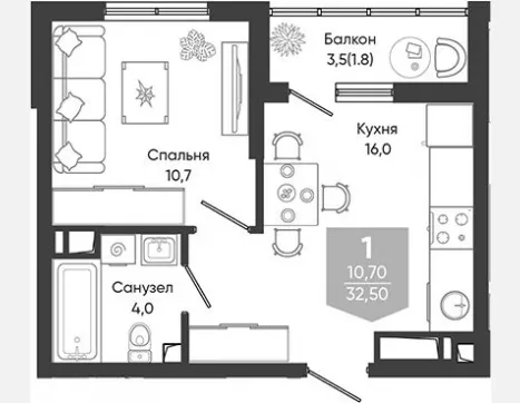 2-комн. квартира, 30.70 м², 14/24 этаж фото 0