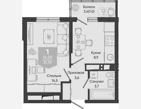 1-комн. квартира, 30.70 м², 23/24 этаж фото 0
