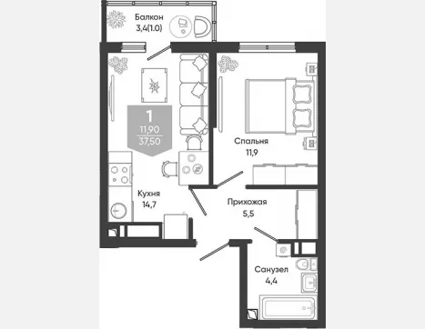 1-комн. квартира, 36.50 м², 6/24 этаж фото 0