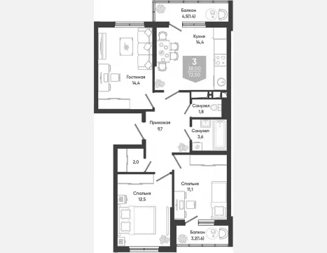 3-комн. квартира, 69.50 м², 20/24 этаж фото 0