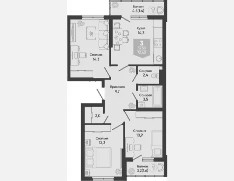 3-комн. квартира, 64.40 м², 6/24 этаж фото 5