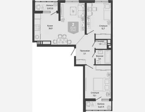 3-комн. квартира, 64.40 м², 6/24 этаж фото 0