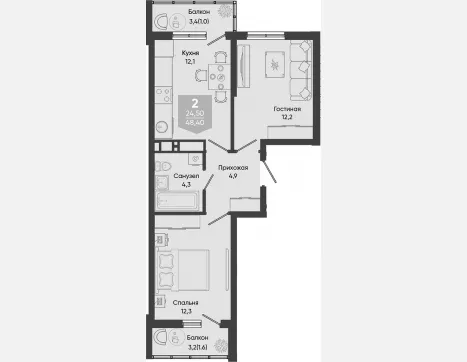 2-комн. квартира, 45.80 м², 14/24 этаж фото 0