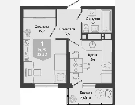 1-комн. квартира, 31.30 м², 15/24 этаж фото 0