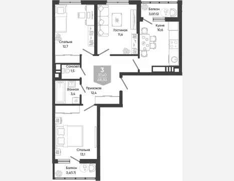 3-комн. квартира, 65.30 м², 17/24 этаж фото 0