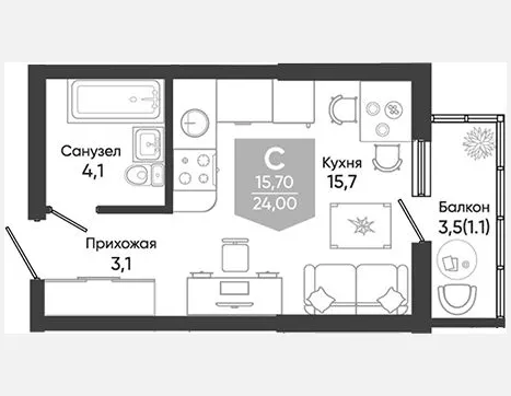 студия, 22.90 м², 1/24 этаж фото 0