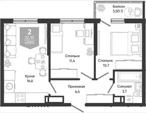 3-комн. квартира, 48.80 м², 4/24 этаж фото 0