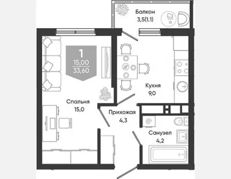 1-комн. квартира, 32.50 м², 5/24 этаж фото 0