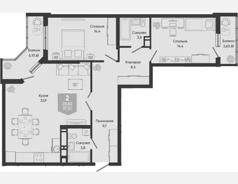 3-комн. квартира, 87.50 м², 7/24 этаж фото 0