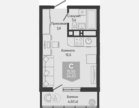 студия, 22.80 м², 19/24 этаж фото 0