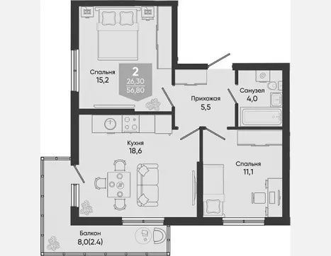 3-комн. квартира, 54.40 м², 2/24 этаж фото 0