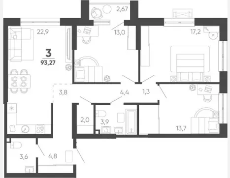 3-комн. квартира, 90.60 м², 2/24 этаж фото 0