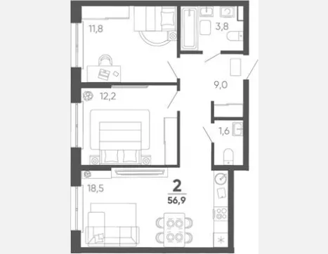 2-комн. квартира, 56.90 м², 1/15 этаж фото 0