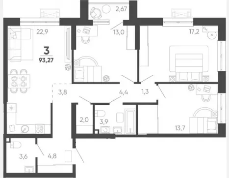 3-комн. квартира, 90.60 м², 3/24 этаж фото 0