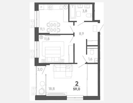 2-комн. квартира, 56 м², 3/15 этаж фото 0
