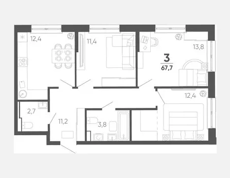 3-комн. квартира, 67.70 м², 2/15 этаж фото 0