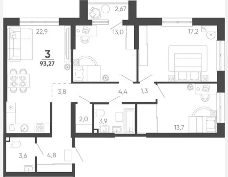 3-комн. квартира, 92.47 м², 4/24 этаж фото 0