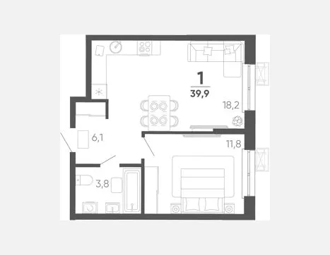 1-комн. квартира, 39.90 м², 3/15 этаж фото 0