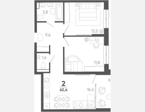 2-комн. квартира, 56.40 м², 2/15 этаж фото 0