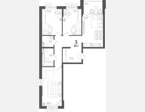3-комн. квартира, 82.70 м², 13/15 этаж фото 0