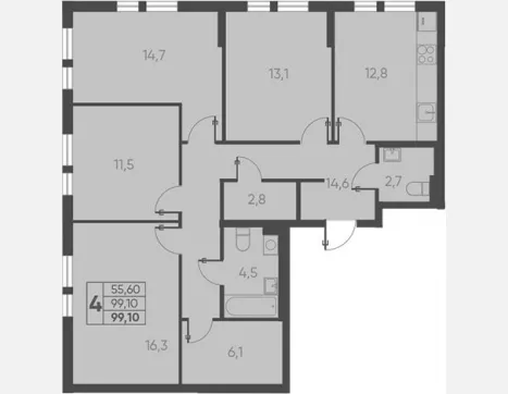 4-комн. квартира, 99.10 м², 3/15 этаж фото 0