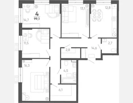 4-комн. квартира, 99.10 м², 7/15 этаж фото 0