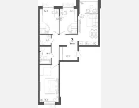 3-комн. квартира, 82.90 м², 13/15 этаж фото 0