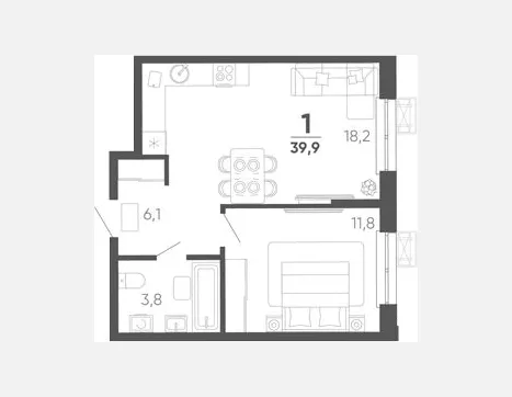 1-комн. квартира, 39.90 м², 6/15 этаж фото 0