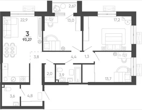 3-комн. квартира, 92.47 м², 17/24 этаж фото 0