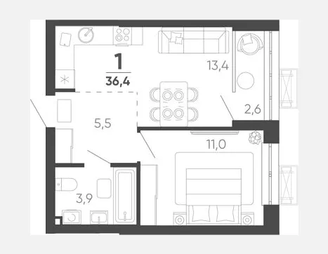 1-комн. квартира, 35.10 м², 22/24 этаж фото 0