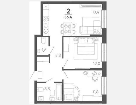 2-комн. квартира, 56.40 м², 1/15 этаж фото 0