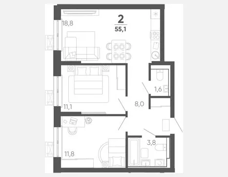 2-комн. квартира, 55.10 м², 1/15 этаж фото 0