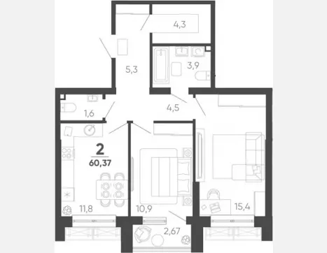 2-комн. квартира, 59.57 м², 5/24 этаж фото 0