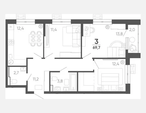 3-комн. квартира, 67.70 м², 5/15 этаж фото 0