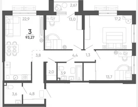 3-комн. квартира, 90.60 м², 3/24 этаж фото 0