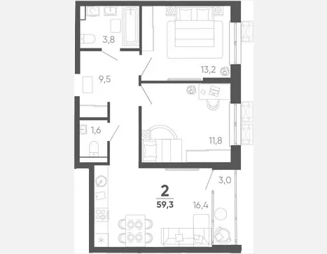 2-комн. квартира, 56.30 м², 7/15 этаж фото 0