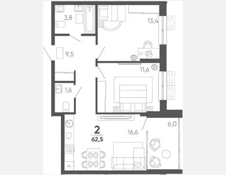 2-комн. квартира, 56.50 м², 11/15 этаж фото 0