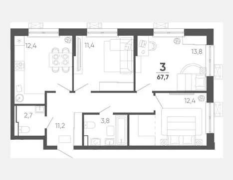 3-комн. квартира, 67.70 м², 12/15 этаж фото 0
