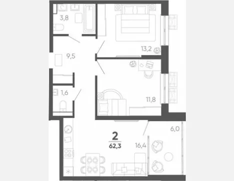 2-комн. квартира, 56.30 м², 14/15 этаж фото 0