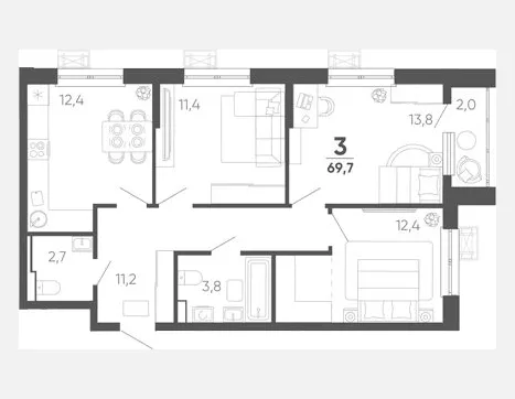 3-комн. квартира, 67.70 м², 15/15 этаж фото 0