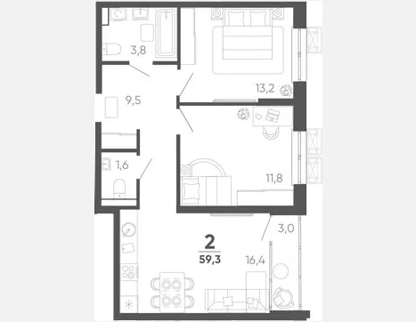 2-комн. квартира, 56.30 м², 15/15 этаж фото 0