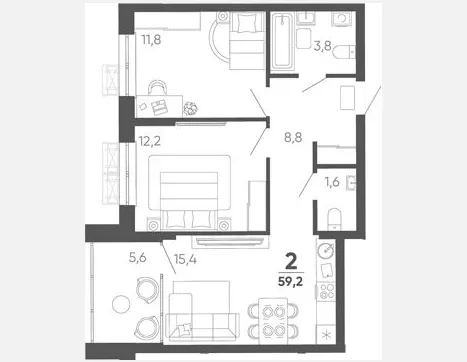 2-комн. квартира, 53.60 м², 11/15 этаж фото 0