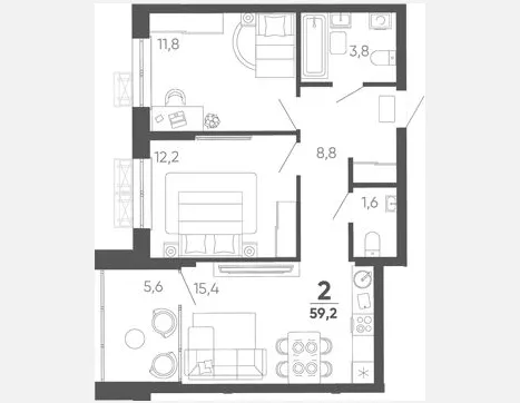 2-комн. квартира, 53.60 м², 13/15 этаж фото 0