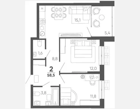 2-комн. квартира, 53.10 м², 13/15 этаж фото 0