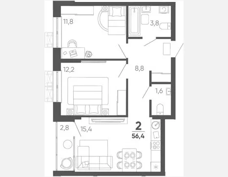 2-комн. квартира, 53.60 м², 12/15 этаж фото 0
