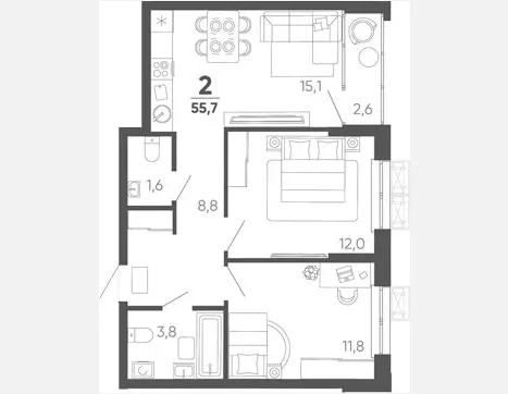 2-комн. квартира, 53.10 м², 12/15 этаж фото 0