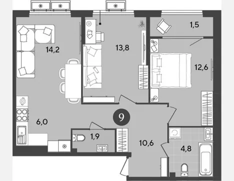 3-комн. квартира, 63.90 м², 7/9 этаж фото 0