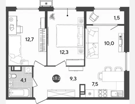 3-комн. квартира, 55.90 м², 17/18 этаж фото 0