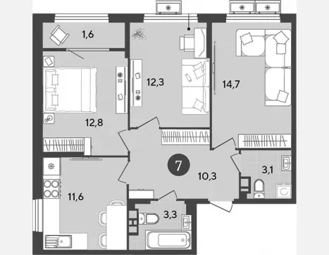 3-комн. квартира, 68.10 м², 8/9 этаж фото 0